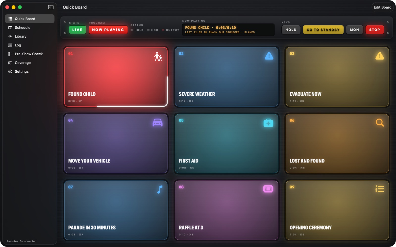 The Quick Board's nine buttons